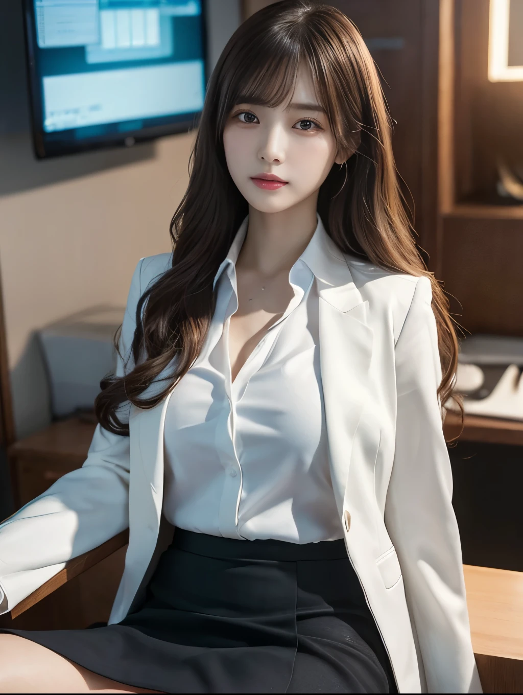 Submissive woman wearing white open shirt sitting on chair, Wearing pantyhose, Crossing your legs, lower angle, Wearing a business suit, Office Clothes, Elegant legs, Wearing a mini skirt, Dressed in a strict suit, Japanese Model, born,(8k、highest quality、masterpiece:1.2)、(Intricate details:1.4)、(Photorealistic:1.4)、Octane Rendering、Complex 3D rendering with ultra-detail, Studio Soft Light, Rim Light, Vivid details, Super Detail, Realistic skin texture, Detailed aspect, Beautiful details in the eyes, Highly detailed CG Unity 16k wallpaper, compensate, (Detailed Background:1.2),Glowing Skin、Wavy long hair,Age 20,Exposed thighs!!!