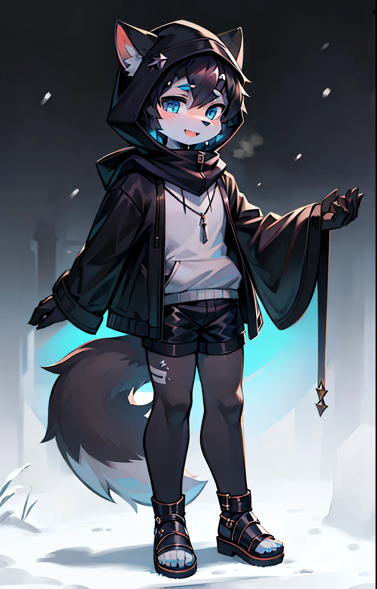 solo, furry, tail, snow background, animal ears, full body, simple background, hood, looking at viewer, bandaid, standing, short hair, black hair, grey fur, hood up, hair ornament, closed mouth, furry male, hair between eyes, blue eyes, animal nose, body fur, black fur, hairclip, jacket, jewelry, sandals，tear