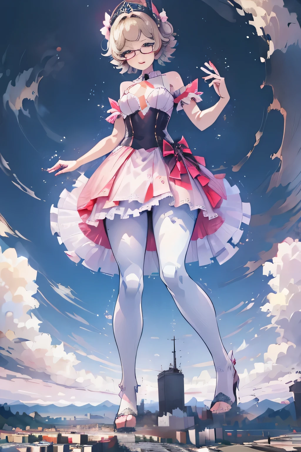 giantess art, highly detailed giantess shots, giantess, Two legs, Five fingers, short hair, super giant princess, A beautiful girl who is bigger than any skyscraper, Wearing rimless glasses, smile, Big Breasts, White gorgeous dress, White Pantyhose, white pantyhose, White stiletto sandals, toes visible through pantyhose, Destroying cities, A very small big city, Miniature metropolis, Full body description, GTS, giga giantess, stomping city, crash city, tiny city, micro city, pantyhose feet, High resolution, highest quality, masterpiece, princess dress,