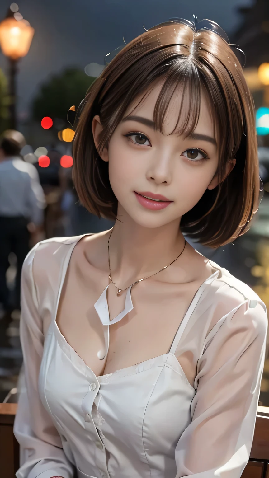 (8k, highest quality, masterpiece: 1.2), (Realistic, photoRealistic: 1.37), Very detailed, 1 girl, ************, alone, small breasts, Beautifully detailed skies, Detailed Cafe, night, (blush), (smile: 1.15), (Mouth closed), small, (Collared shirt: 1.1), night, Wet, Office Clothes, rain, White lace, (short hair: 1.2), Floating hair NovaFrogStyle, Random sexy poses,