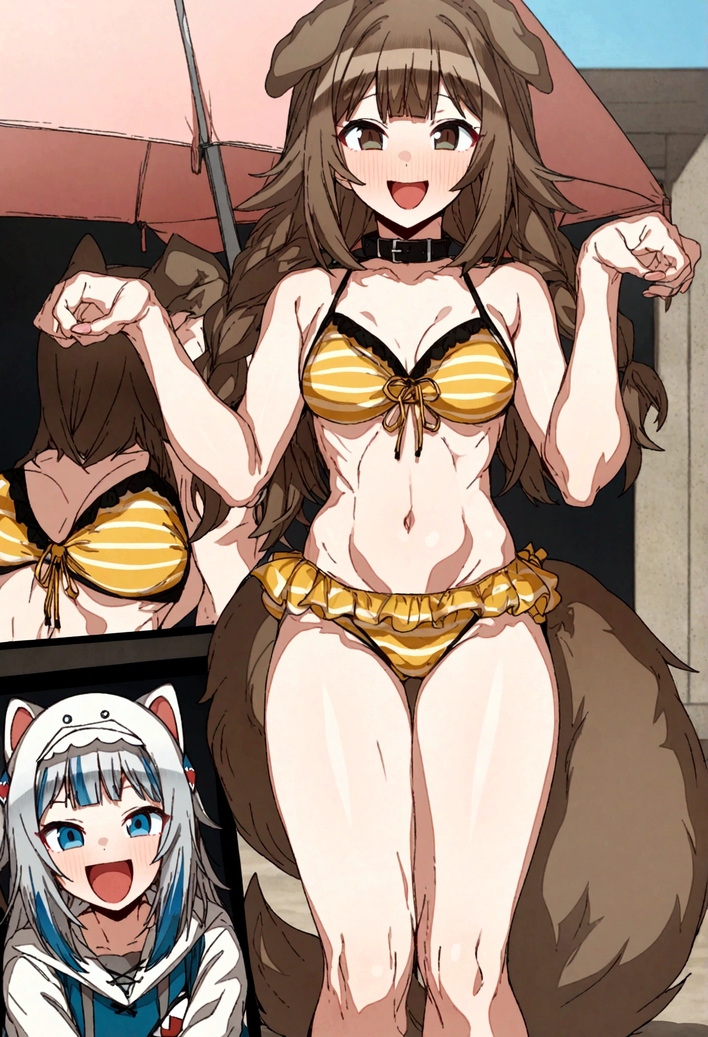 Artist, erere, Copyrights, idolmaster, idolmaster_shiny_colors, Character, General, 1girl, brown_hair, blunt_bangs, blush, medium_breasts, breasts, smile, brown_eyes, censored, striped bikini, yellow_bikini, frilled_bikini, navel, dog_tail, animal_collar, twin_braids, dog_ears, bone_hair_ornament, raised_eyebrows, paw_pose, :d:0.5, teeth, raised_eyebrows, (full_body) (standing in middle, beach_umbrella), sky:0.5, detailed, sand, outdoors, from_side, looking_at_viewer, masterpiece, best_quality, great_quality, girl, solo, center_composition, centered character, cute, gawr_gura
