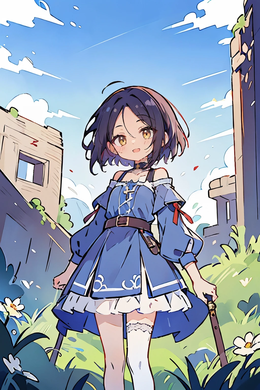 Hui Xiyi, Rekkyo Sensen, fantasy world, ruins, fort, beautiful sky, shining sky, sunshine, camisoles, belts, blue clothes, cross choker, wind blowing dress, lace dress, off-shoulder sleeves, white tights, forehead, medium hair, short hair