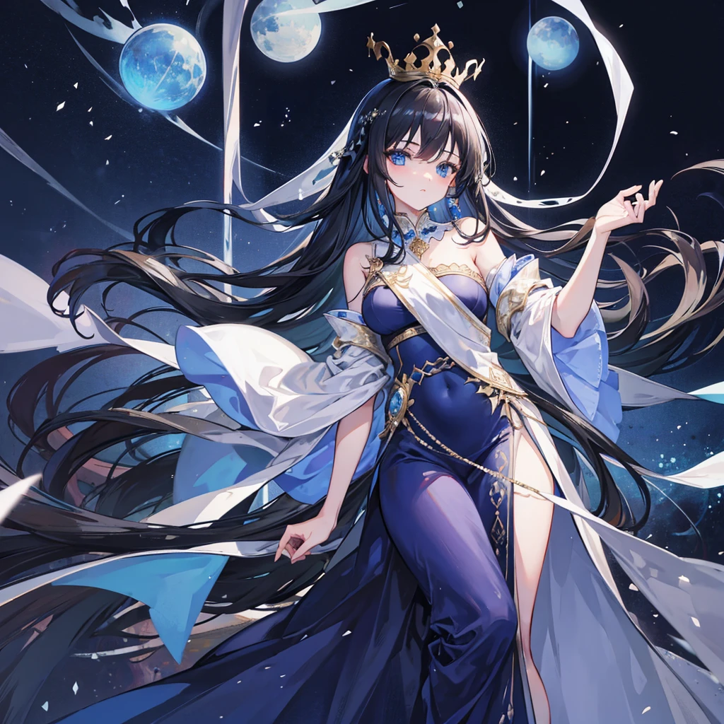 girl,crown,long silk dress,jevelry,blue eyes,long black hair