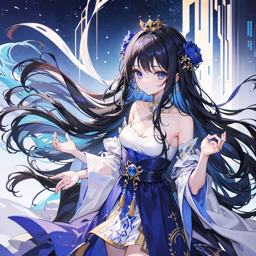 girl,crown,long silk dress,jevelry,blue eyes,long black hair