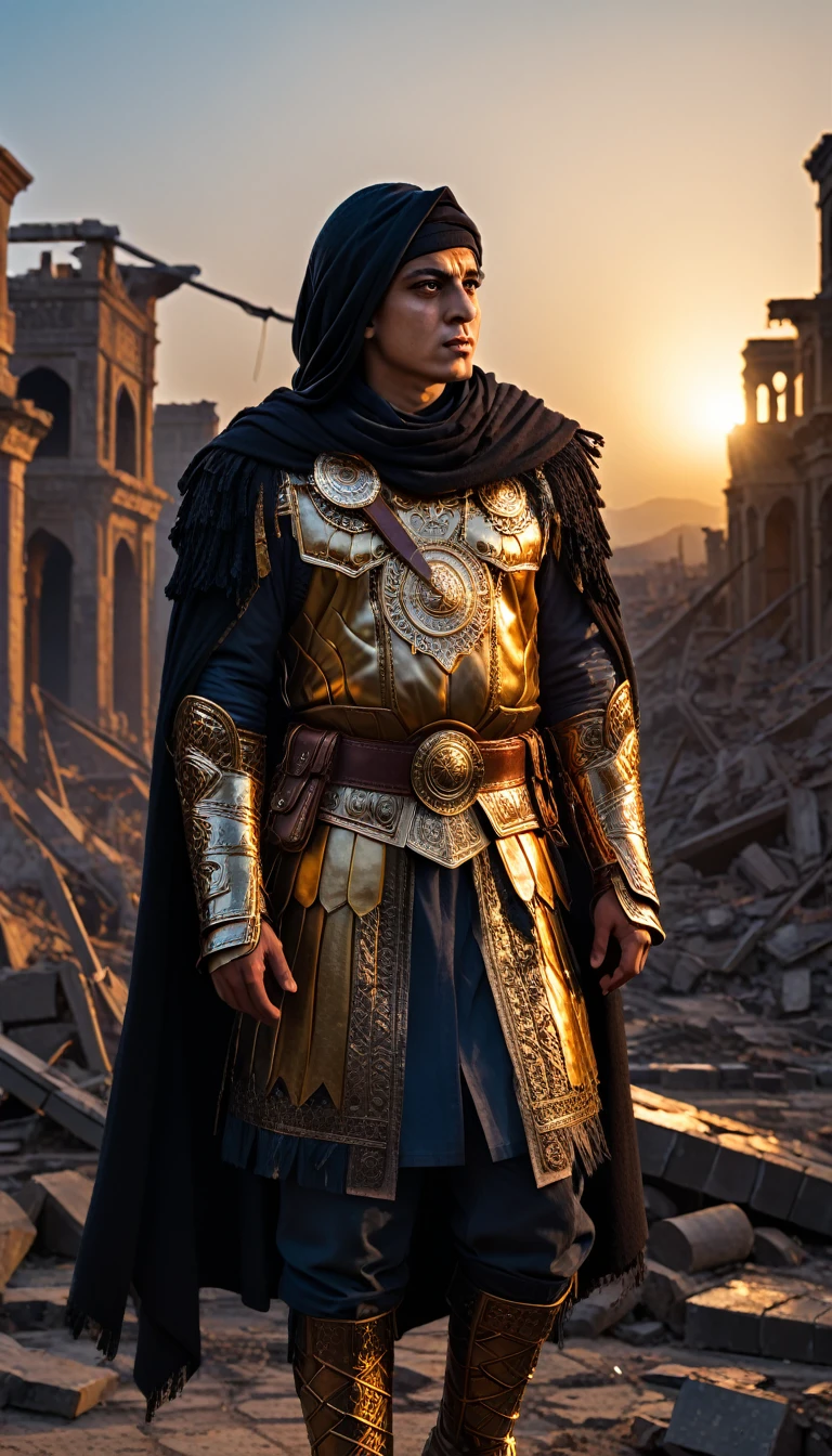 As the sun began to set, The warm golden hues of the sun illuminated his ornate attire, casting a warm glow across the area, A final shot of Sultan Qutuz and Baibars standing triumphantly amidst the wreckage of the battlefield, their victory secured, background dark, hyper realistic, ultra detailed hyper realistic, photorealistic, Studio Lighting, reflections, dynamic pose, Cinematic, Color Grading, Photography, Shot on 50mm lens, Ultra-Wide Angle, Depth of Field, hyper-detailed, beautifully color, 8k,