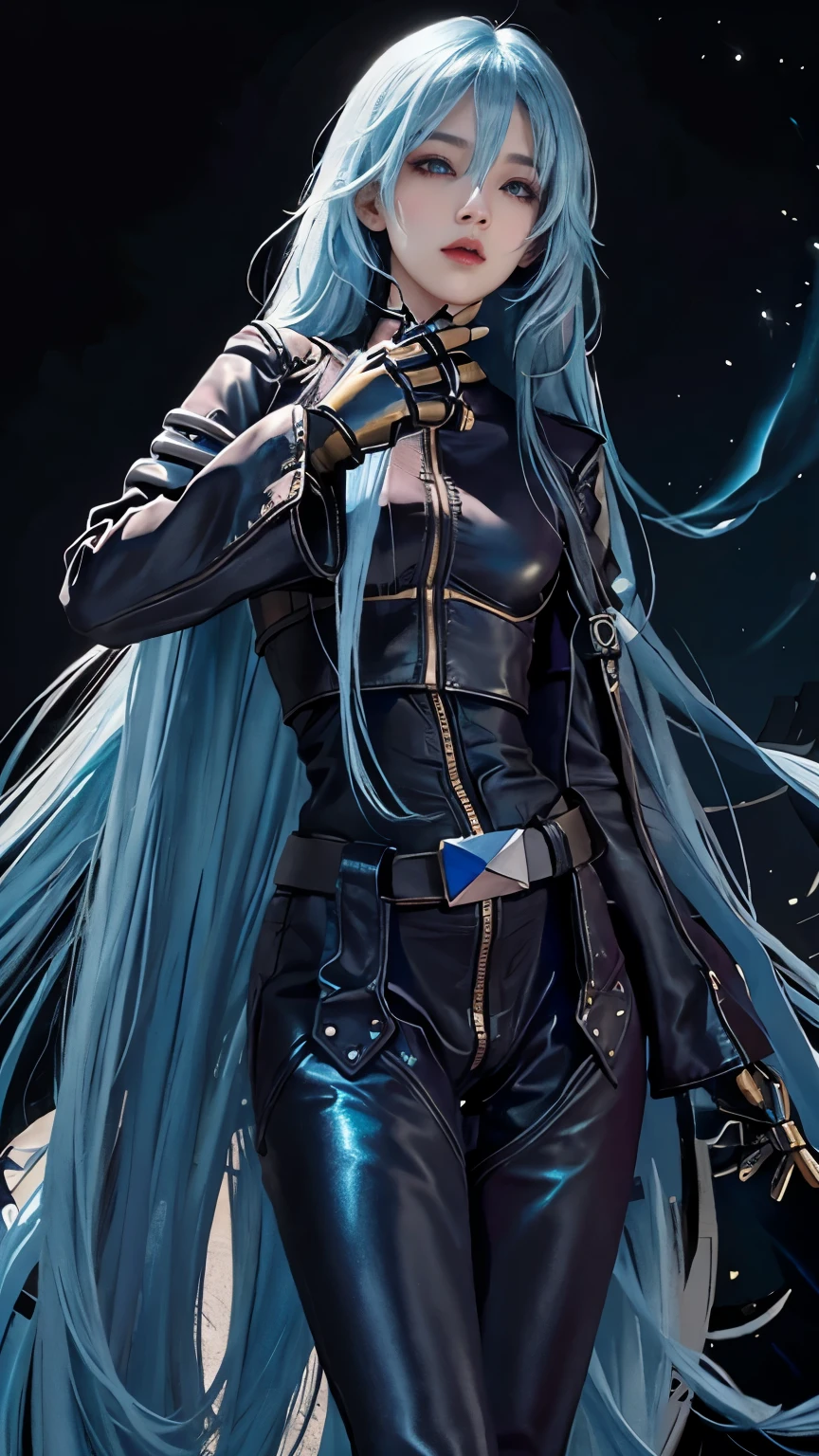 improve hand with 5 well defined fingers, has black gloves, future city background, long hair, mysterious eyes, Shiny mysterious light blue hair, Brilliant effect
