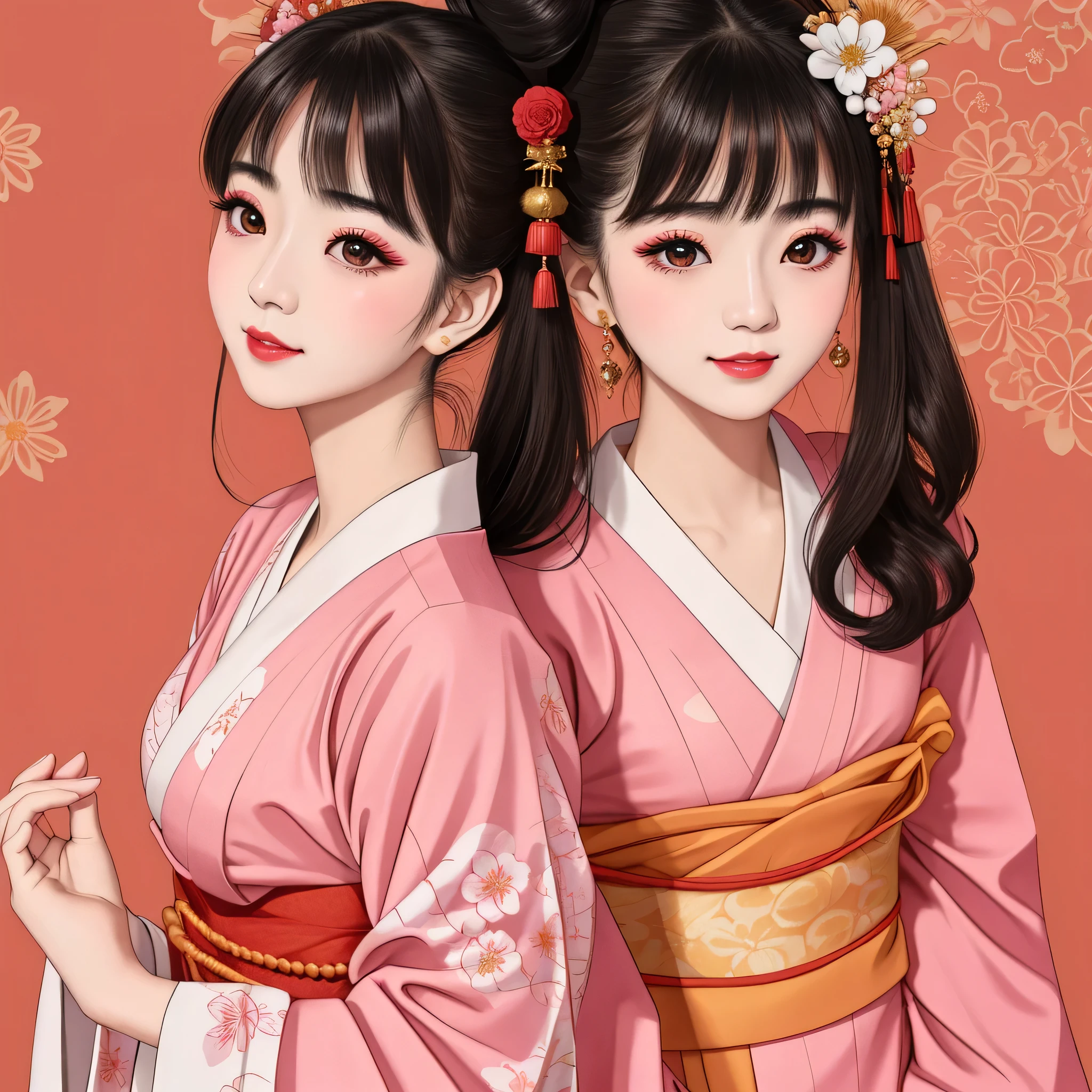Each has a different expression２People and sisters、(２ girls）、｟Dancing traditional arts with grace)、((Big Breasts、Small Face、Not exposed))、highest quality、masterpiece、（Black Hair、Bun Hair）、Brown Eyes、｟Wide angle、Angle from above the waist、Pause on the magazine cover、Their gazes are different, gazing into the distance｠、(８K High Quality、masterpiece、High resolution、Realistic and beautiful light and shadow、(highest quality)、(High Resolution)、(Very delicate and beautiful)、(Beautiful 8k face)、(With a smile、Beautiful eyes)、(Clear skin)、(Soft hair)、(８Head to Body)、(A Japanese style yukata kimono with red, pink and orange floral patterns on a white background, interspersed with gold powder、Wearing a yukata２Beautiful Japanese girls)、((Tanabata decoration background))、((Small Face))、(arms up)、Thin and small nose、（Red lipstick）、（Make your cheeks red）、（Glossy skin）、((Ink painting style))、Very thin eyebrows、Overall ultra-high image quality、（She is wearing maiko-style makeup.）、Whitening、Long and beautiful eyelashes、Glowing Skin、（Red cheeks）,Straight nose、masterpiece、highest quality、whole body、 Eyebrows visible through hair、Bun Hair、Grin、Gal、Gal、Viewer&#39;s Eyes、Plaid、Stylish、woman、fine、Pause、
Waiting to start 
