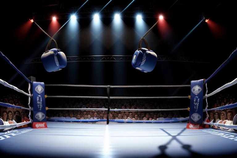 boxe ring with lights and ropes, boxe ring sol blanc coin bleu et sol blanc sol, fond d' Boardwalk Hall Atlantic City, Ring de boxe avec le sol blanc et les coins bleus, scene background Boardwalk Hall d'Atlantic City, toile de fond Boardwalk Hall Atlantic City, écran centrale au dessus du ring comme au Boardwalk Hall in a boxe ring, boxe, boxe match, scene, projecteur, barre d'background, spot et projecteur au plafond fond dramatique, atmospheric perspective, glowing light, 8k, super detail, best quality, masterpiece
