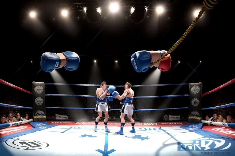 boxe ring with lights and ropes, boxe ring sol blanc coin bleu et sol blanc sol, fond d&#39;  Boardwalk Hall Atlantic City, Ring de boxe avec le sol blanc et les coins bleus, scene background  Boardwalk Hall d'Atlantic City, toile de fond  Boardwalk Hall Atlantic City, écran centrale au dessus du ring comme au  Boardwalk Hall  in a boxe ring,  boxe, boxe match, scene,  projecteur, barre d&#39;background, spot et projecteur au plafond  fond dramatique, atmospheric perspective, glowing light, 8k, super detail, best quality, masterpiece
