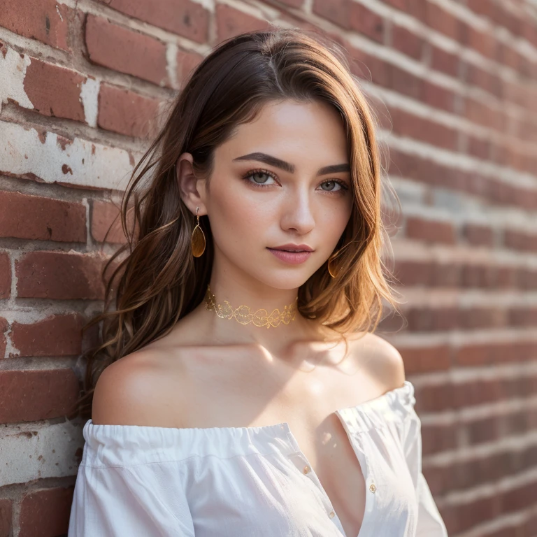 ultra realistic 8k cg, masterpiece, ((ultra detailed background, delicate pattern, intricate detail)), best quality, intricate details, chromatic aberration, 1girl, long hair, golden hair, messy hair, red highlights, hair over one eye, sharp eyes, choker, brick wall, graffiti, dim lighting, alley, oversized shirt,off shoulder, see through white shirt, Masterpiece, best quality