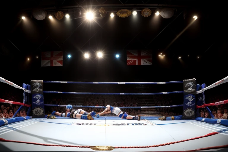 boxe ring with lights and ropes, boxe ring sol blanc coin bleu et sol blanc sol, fond d' Boardwalk Hall Atlantic City, Ring de boxe avec le sol blanc et les coins bleus, scene background Boardwalk Hall d'Atlantic City, toile de fond Boardwalk Hall Atlantic City, écran centrale au dessus du ring comme au Boardwalk Hall in a boxe ring, boxe, boxe match, scene, projecteur, barre d'background, spot et projecteur au plafond fond dramatique, atmospheric perspective, glowing light, 8k, super detail, best quality, masterpiece