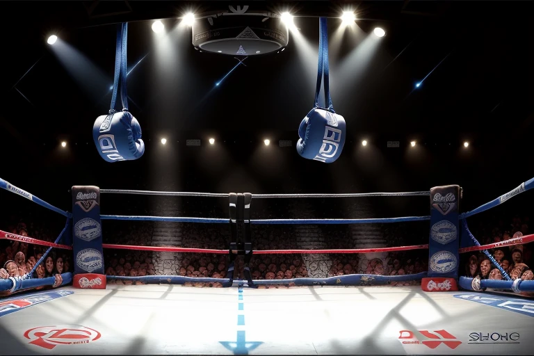 boxe ring with lights and ropes, boxe ring sol blanc coin bleu et sol blanc sol, fond d' Boardwalk Hall Atlantic City, Ring de boxe avec le sol blanc et les coins bleus, scene background Boardwalk Hall d'Atlantic City, toile de fond Boardwalk Hall Atlantic City, écran centrale au dessus du ring comme au Boardwalk Hall in a boxe ring, boxe, boxe match, scene, projecteur, barre d'background, spot et projecteur au plafond fond dramatique, atmospheric perspective, glowing light, 8k, super detail, best quality, masterpiece