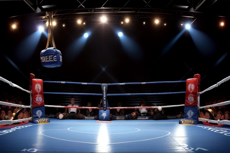 boxe ring with lights and ropes, boxe ring sol blanc coin bleu et sol blanc sol, fond d' Boardwalk Hall Atlantic City, Ring de boxe avec le sol blanc et les coins bleus, scene background Boardwalk Hall d'Atlantic City, toile de fond Boardwalk Hall Atlantic City, écran centrale au dessus du ring comme au Boardwalk Hall in a boxe ring, boxe, boxe match, scene, projecteur, barre d'background, spot et projecteur au plafond fond dramatique, atmospheric perspective, glowing light, 8k, super detail, best quality, masterpiece