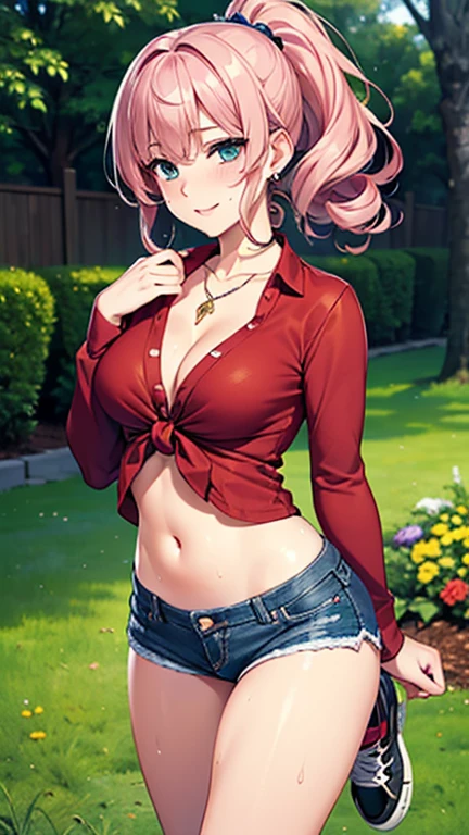 A girl is posing for a photo,pretty girl,Enchanting girl,Anime Girls,
(((One Girl,Baby Face,))),
BREAK
((Mini denim shorts, Red shirt tied under the chest、belly button、Black sneakers))、Earrings、Fancy Necklace、Black nail polish、Cleavage、
BREAK
((Matte pink hair)), ((ponytail、Shaggy Hair:1.4、Wavy Hair、Curly hair、Natural curls))、
(Drooping eyes,blue eyes),(C Cup),
BREAK
(Beautiful Hair,Shiny Hair),
(Expression of fine eyes,Beautiful and delicate eyes,Sparkling eyes,Eye Reflexes),
(double eyelid,Long eyelashes),
(Beautiful Nose,Thin Nose),
(Glossy lips,Beautiful Lips,Thick lips),
(Symmetrical facial features,Perfect Face),(((Detailed skin,Oily skin,Textured skin,Beautiful Skin))),
BREAK
(Wicked Smile),
((noon、garden:1.4、squirt、grass)),((Dynamic Pose、Sweat:1.4、Hand on chin、Face the viewer、head shot)),
BREAK
(((highest quality)),((masterpiece)),((Very detailed))),((High resolution),(8k),(16k,1080p),(Anime 2D Rendering)),(Anatomically correct),
((Realistic)), (The best CG),Highly detailed art,CG illustration,