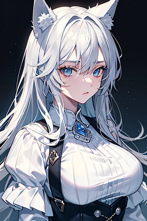 best qualtiy,tmasterpiece,The is very detailed,4K,Gray hair and shallow eyes,Drag cool expressions,Wolf ears,Erect scar on the left eye,British style,1girl,Absolutely beautiful, big bust, white costume