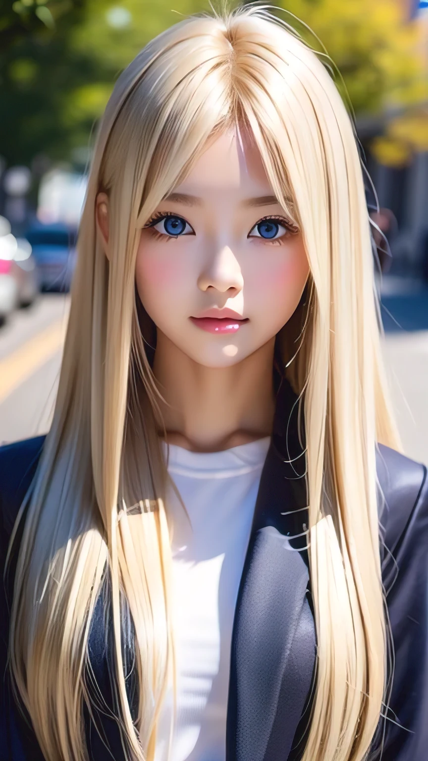 Shiny, clear, white skin、The blonde hair blowing in the wind falls over her pretty face、Colossal、Cute aged 16、Beautiful super long straight hair that stands out、Very bright, big eyes that shine so beautifully、Cute long silky bangs covering her eyes, Hair that covers the face, super long hair、Sexy cute young woman、Long natural blonde shiny hair、Small Face Beauty、Round face