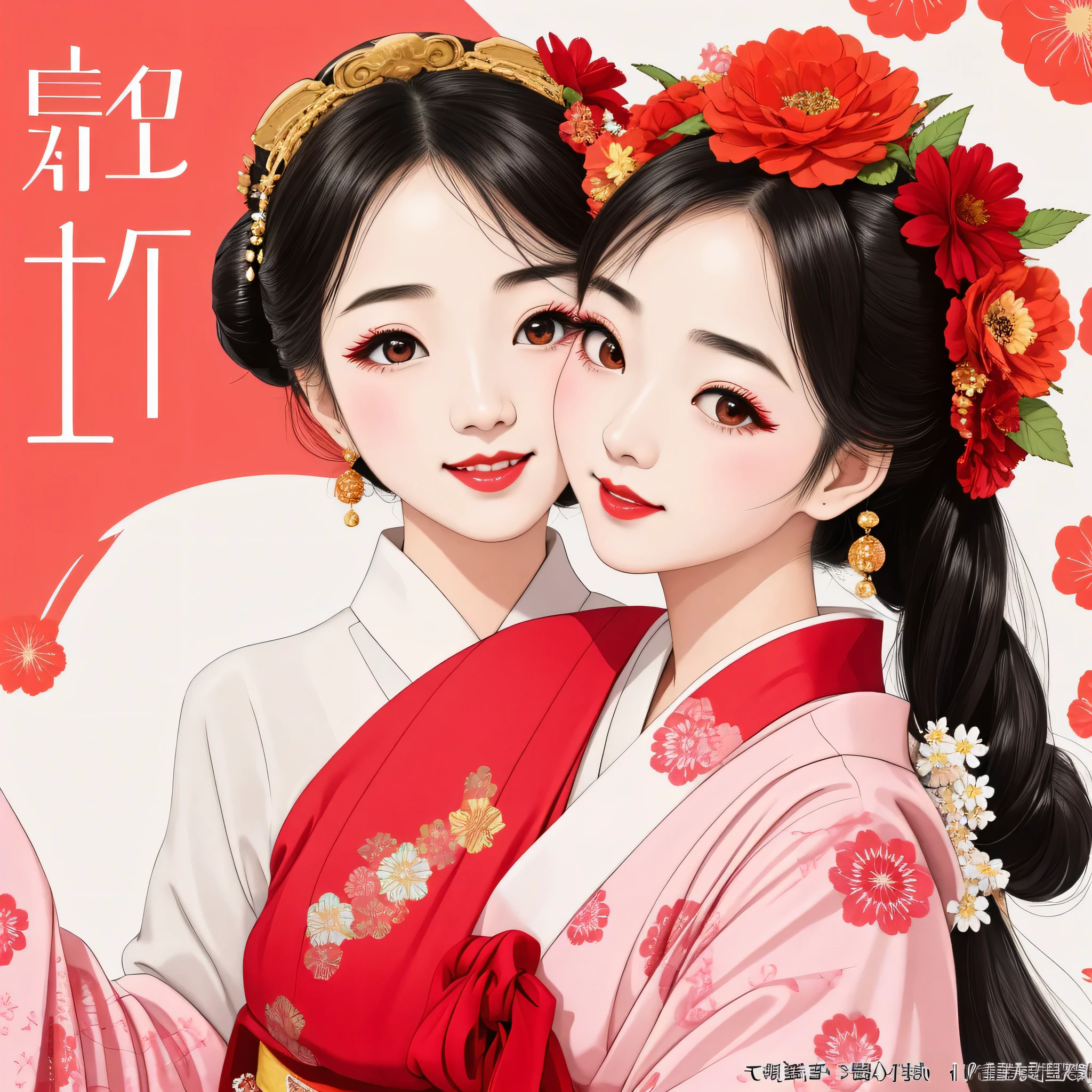 7 sisters, 7 girls with different faces and expressions, dancing gracefully, small faces, top quality, masterpieces, black hair, bun hair, wide angle, diagonally above the waist, magazine cover pose, 8K high resolution, Masterpiece, high resolution, realistic and beautiful light and shadow, top quality, high resolution, very delicate and beautiful, beautiful 8K face, smile and smile. Seven beautiful Japanese girls with eyes, transparent skin, soft hair, eight heads, Japanese style kimonos with red, pink and orange floral patterns on a white background, yukatas, small faces, thin and small noses, red lipstick , glossy skin, very thin eyebrows, overall super high resolution, Maiko-style makeup, fair skin, long and beautiful eyelashes, glossy skin, red cheeks, holding a flower hat prop in one hand, dance, Kasa Odori, Kasanihi Odori, Japan Dance, festival, movie poster style