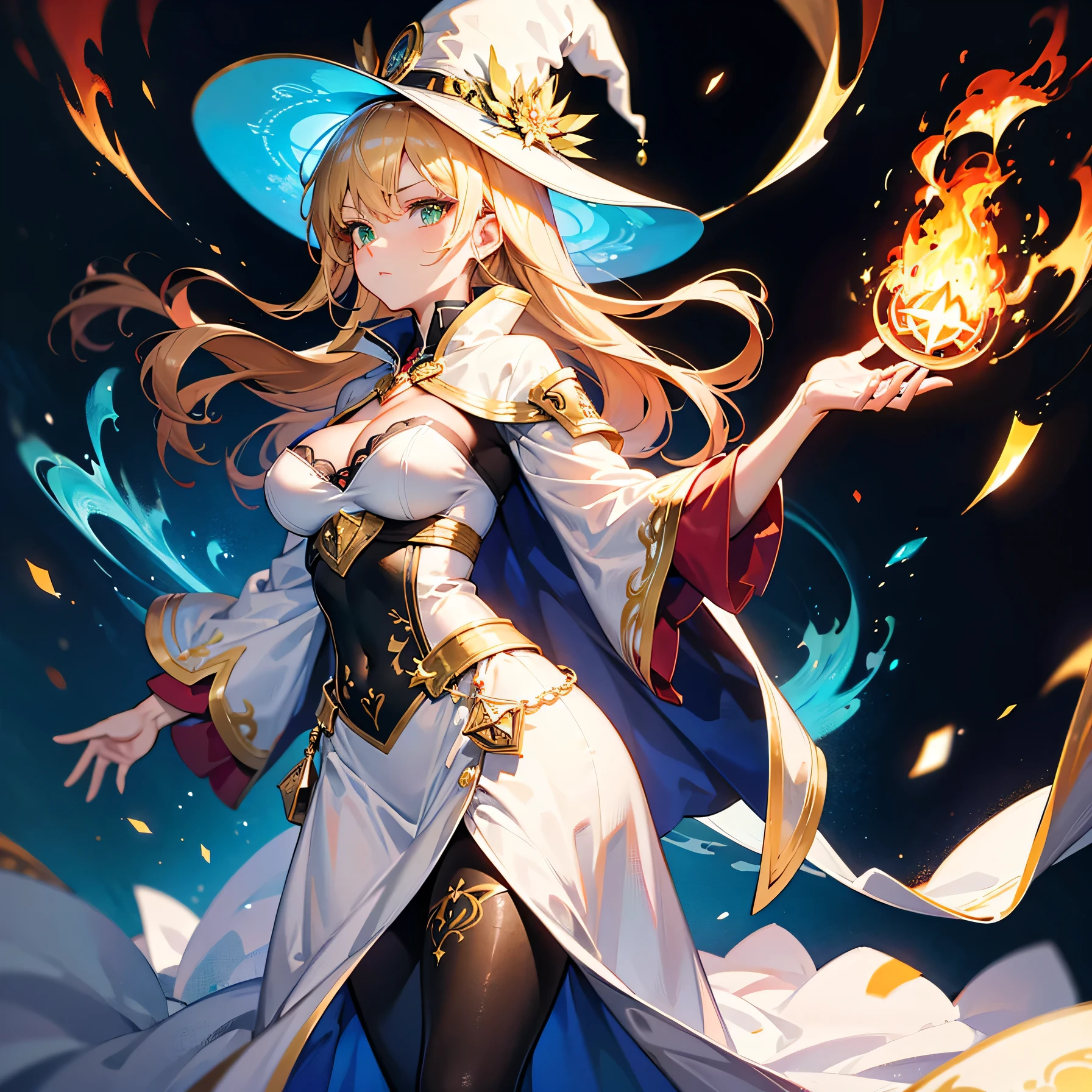 Anime art style,highest quality,High resolution,Anatomically correct,One Woman,Mid twenties,Blonde,Beautiful ironed hair,Super long hair,Green Eyes,Super detailed,Fantasy World,witch,White hat with gold trim,White cloak with gold trim,A long skirt with a black base,Medium sized breasts,magic circle,Red flames burning,A magical aura surrounds the body.,Flames swirl,Serious expression,Eyes drawn in detail,8K