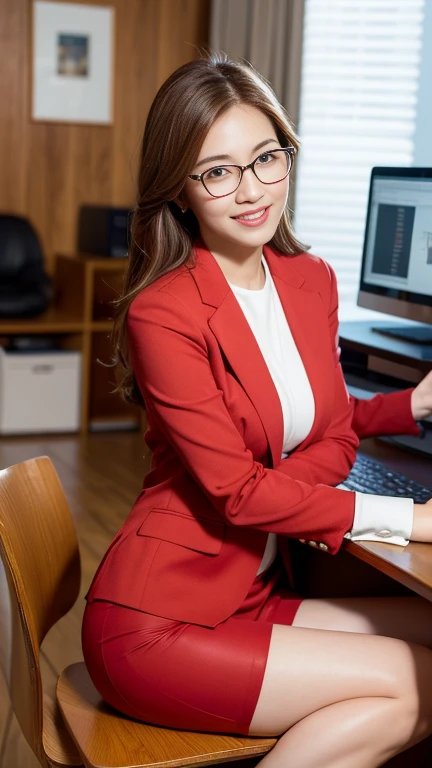 highest quality, Realistic, Very detailed, finely, High resolution, 8k wallpaper, 1. Beautiful woman,, Light brown hair, Wearing a red business suit,wearing a red slit skirt、(Natural pose), Sharp focus, Perfect dynamic composition,( sitting at a computer desk in an office),finelyて美しい目, Thin Hair, Detailed and Realistic skin texture, smile,Glasses, Model Body Type,Beautiful feet,Full Body Shot,Side Shot,Smile and laugh,