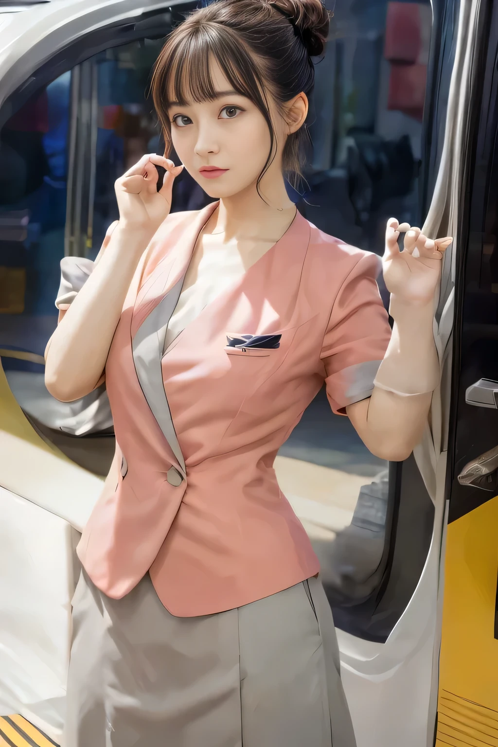 (masterpiece:1.2, highest quality:1.2), 32K HDR, High resolution, (alone、1 girl)、（On the rooftop of a building in the daytime、Professional Lighting）、Building rooftop background、（Nankai train crew uniform pinkを着たリアルスタイル）、（Nankai train crew uniform pink short sleeve pink jacket、Nankai Train Crew Uniform Pink Collarless Short Sleeve Blouse、Nankai Train crew uniform pinkのグレー色のキュロットスカート）、Dark brown hair、（Hair tied up、Hair Bun、Hair Bun）、Dark brown hair、Long Shot、Big Breasts、Thin legs、（（Great hands：2.0）），（（Harmonious body proportions：1.5）），（（Normal limbs：2.0）），（（Normal finger：2.0）），（（Delicate eyes：2.0）），（（Normal eyes：2.0））)、Captivating look、（Nankai Train crew uniform pinkのグレー色のキュロットスカートを見せた美しい歩く姿）、Keep your hands natural