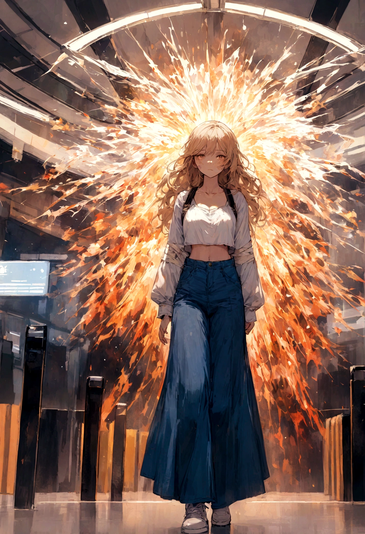 A captivating image of a 35-year-old Lithuanian woman standing in an airport waiting area, radiating positivity and resilience. Full body shot. Despite her visible injuries, including large road rash and bandages, she wears a blue denim miniskirt and a white crop top, white shoes, defying expectations and showcasing her unwavering spirit. The bustling airport in the background reflects the energy of travel, while her determined expression and optimistic demeanor convey an inspiring message of strength and perseverance.