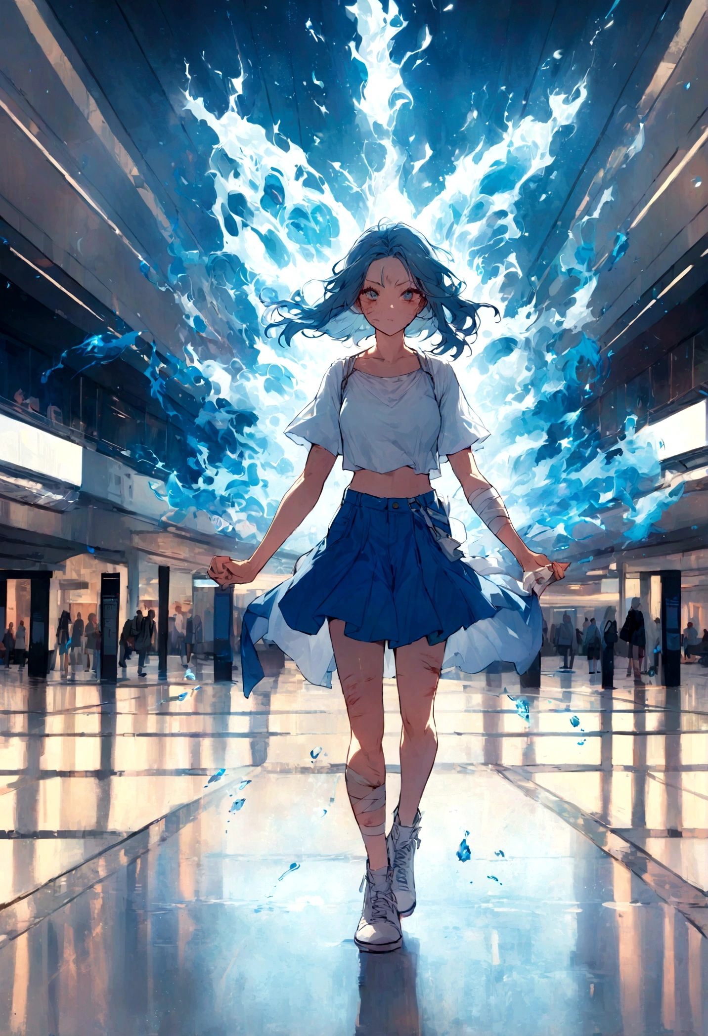 A captivating image of a 35-year-old Lithuanian woman standing in an airport waiting area, radiating positivity and resilience. Full body shot. Despite her visible injuries, including large road rash and bandages, she wears a blue denim miniskirt and a white crop top, white shoes, defying expectations and showcasing her unwavering spirit. The bustling airport in the background reflects the energy of travel, while her determined expression and optimistic demeanor convey an inspiring message of strength and perseverance.