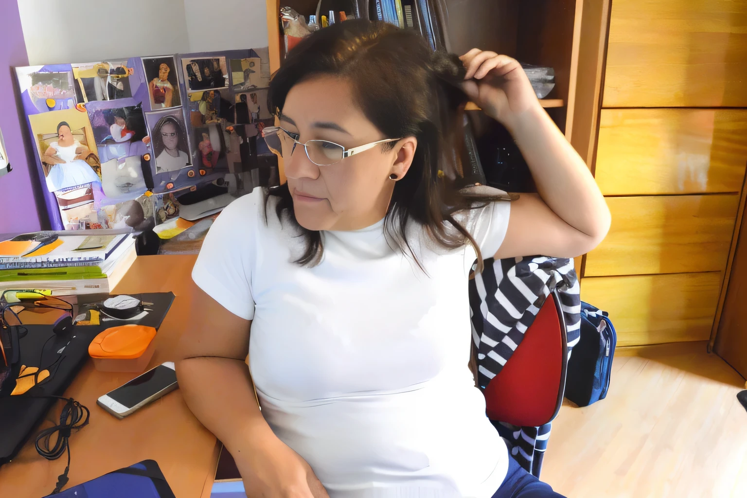 there is a woman sitting at a desk with a laptop, sat at her desk, over-shoulder shot, inspired by Gina Pellón, sandra chevier, shoulder in front pose, profile shot, sitting at desk, wearing white camisole, sitting in front of computer, over-the-shoulder shot, sitting in her room