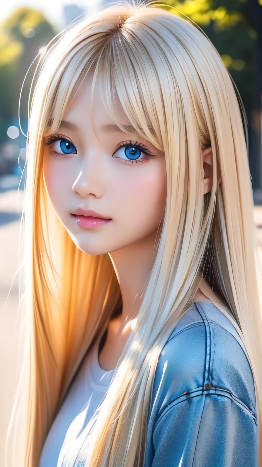 Shiny, clear, white skin、The blonde hair blowing in the wind falls over her pretty face、Colossal、Cute  aged 16、Beautiful super long straight hair that stands out、Very bright, big eyes that shine so beautifully、Cute long silky bangs covering her eyes, Hair that covers the face, super long hair、Sexy cute young woman、Long natural blonde shiny hair、Small Face Beauty、Round face