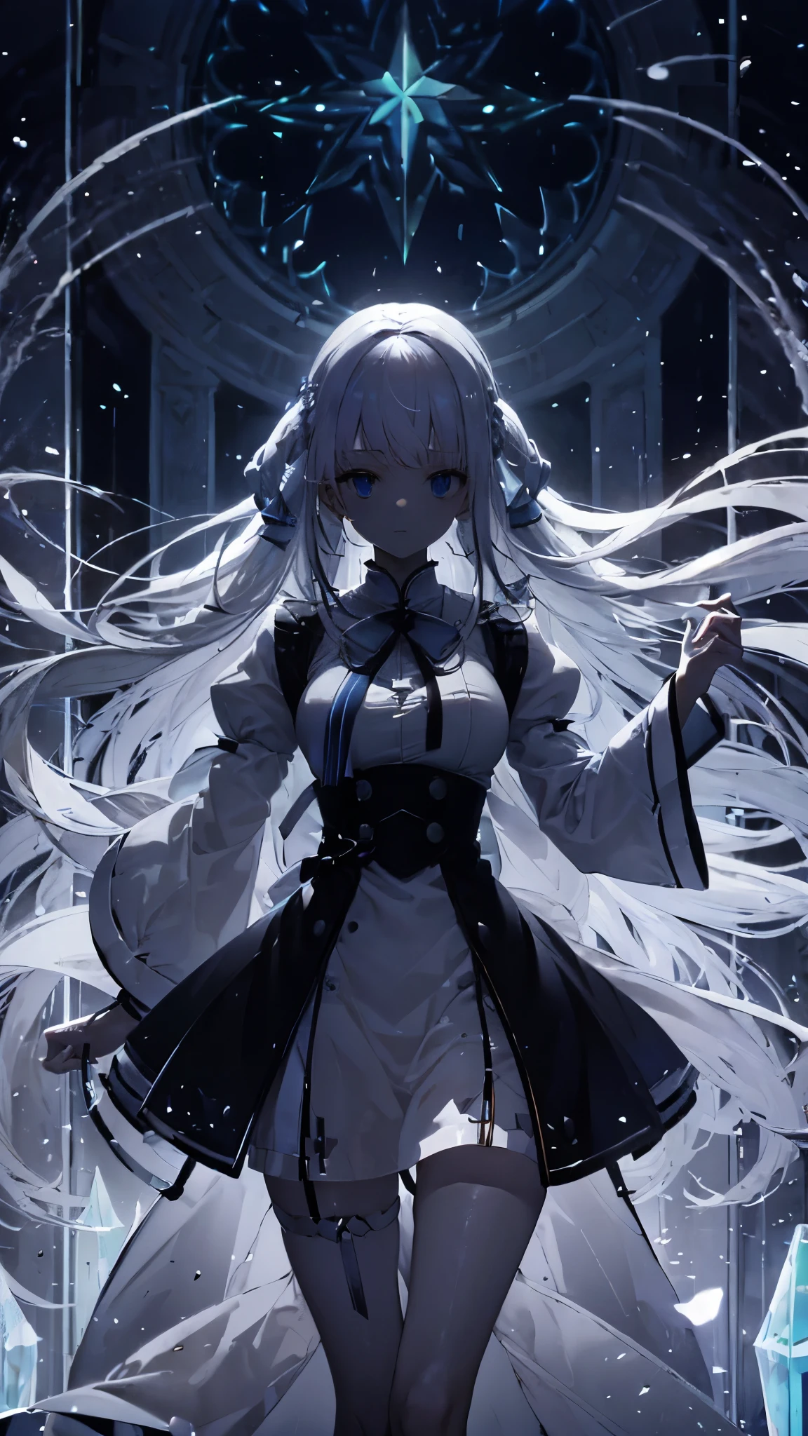 White-haired woman Very long hair、The light shines from above Inside the white castle transparent Glass blue