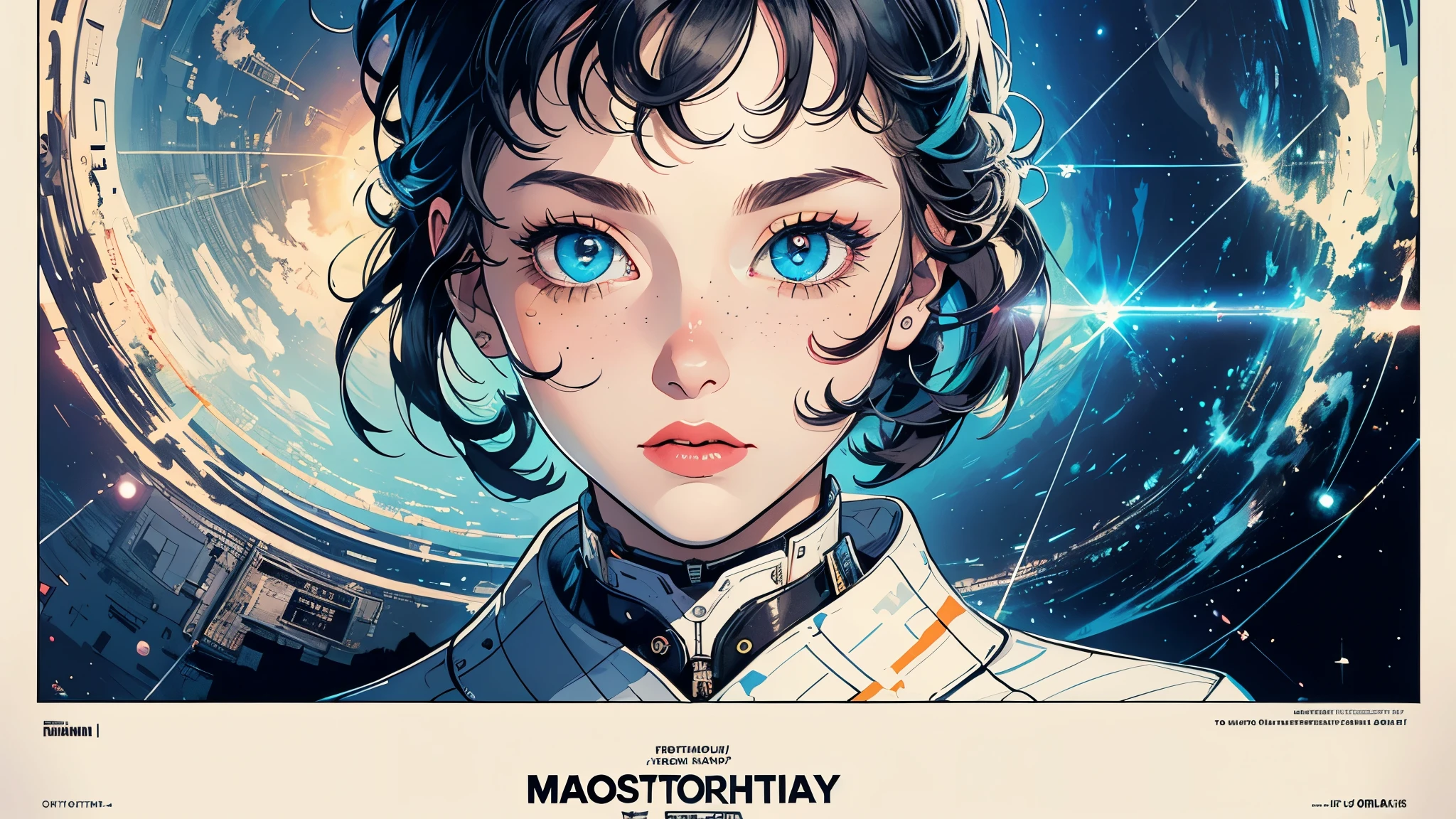 ((masterpiece, highest quality)), 32k wallpaper, very detailed, poster, vintage science fiction, 1960s,(((geometric cinematic movie poster))), (bauhaus), shape,abstract, mid century modern, movie poster, vintage,(((Perfect Only One Lady))),1970's,halftone,speech bubble,(((portfolio,Close-up))),(((various angle))),(((bust up))),((highlight)),Vast landscape,((((heterochromia)))),(((one person))),(((complete face))),(((beautiful cat))),perfect composition,