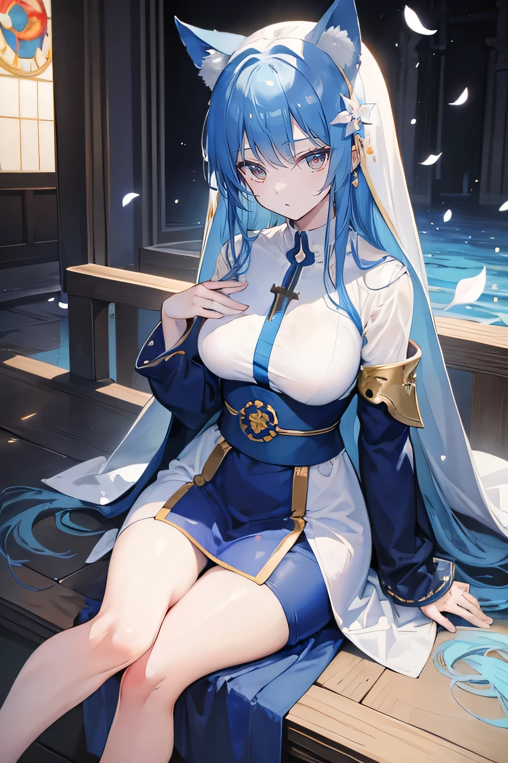 (masterpiece:1.2),Extremely detailed,Practical,expressive eyes,Fair skin,Perfect face shaping,1 Girl,
Japanese cartoons,Gorgeous blue hair, the long flowing blue hair,Floating clothes,Cat ears,Petals fall,beautiful lola,Young Angel,
Place your hands on your waist,sit elegantly on the ground,Cross your legs,Gentle and peaceful background,church,Nun&#39;s Clothes,back view,lie on the water,Large Breasts, H Cup, Good breasts, Place your hands on your waist,beautiful, Gorgeous,Japanese cartoons,girl,Lola,Hina Angel, Blue Hair, Blue Haired,Tent breasts, tent box, tent chest, Floating clothes,Grab your waist, Grab your waist, Hands on Hips , hands on hips,sit, sit on ground, Legs on the ground. 