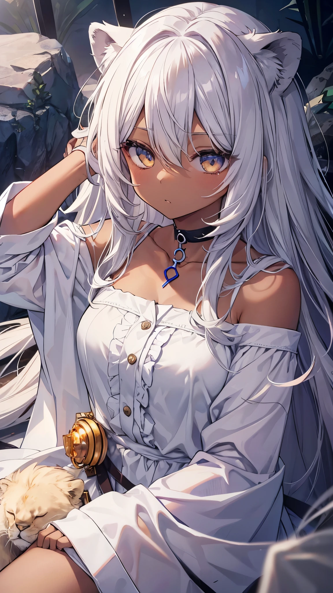 girl、Best image quality、Silver Hair、Amber Eyes、、scent、sleepiness、Long Hair、Sleeping habits、Half Eye、Dark Skin、Brown Skin、、rock、、choker、Lion's Ears、church、Show your shoulders、Belly button、June Bride,Wedding dress,Veil,hydrangea
