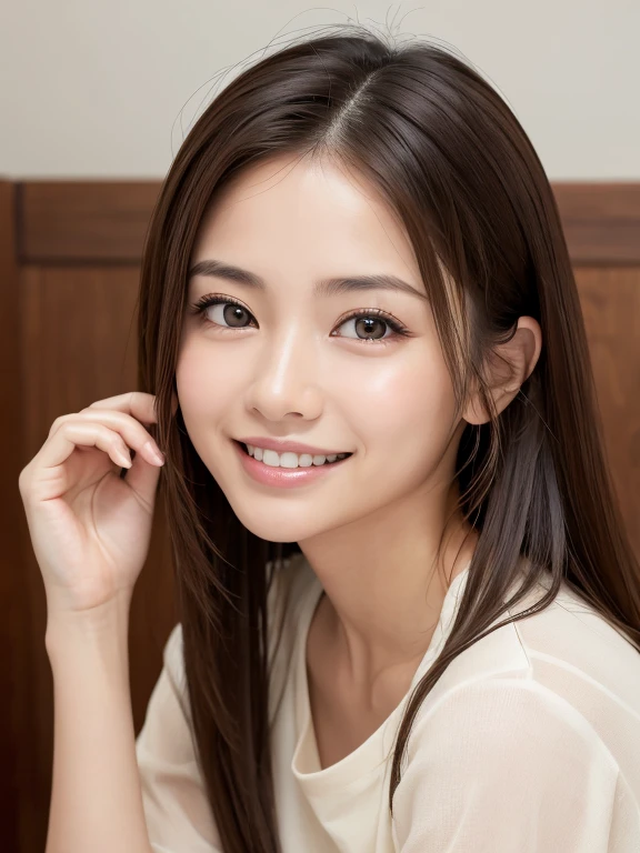 (Realistic、High resolution:1.3)、Japanese,20-year-old,Smiling with teeth showing,前hairは後ろに流している,The background is pure white,Spread your elbows、Place your face on your hands、Pure white teeth,Big eyes,Clean and fresh,Living Room Style,Beauty Salon,Upper body only,Looking into the camera,daughter of the nation,Realistic Skin,hair ,Advertising photography style、Poster photo,Please fold your arms in front of you:1.5,歯のホワイトニングのPoster photo:1.6,Big eyes,Big Mouth,Small Nose