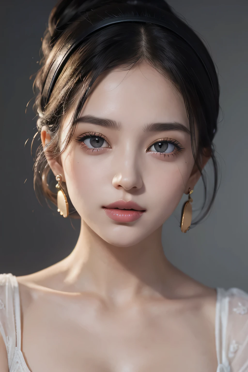 Amazing portrait of a sexy woman with a beautiful face with beautifully detailed eyes in a seductive gaze and beautifully detailed lips and extremely detailed eyes and face with long eyelashes with her pale skin turning pink with a smile on her lips with her messy bun hair tied in a black hairband wearing alluring earrings and black v-neck t-shirt emphasizing her long neck and her medium chest with cleavage and her captivating demeanor having an enchanting expression and tempting charm with captivating beauty and elegance as she poses seductively with her beguiling presence.