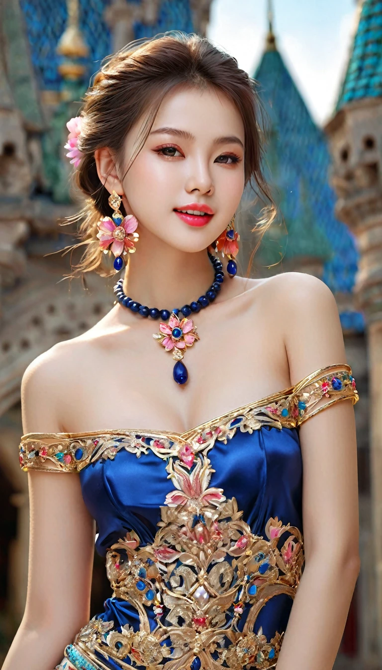 extremely beautiful, lovely girl;
age from 18-20 years old;
very beautiful face, light makeup, perfectly proportioned, beautiful in every detail, ((focus on the face));
seductive lips, ((light pink, glossy lipstick));
radiant smile, beautiful white teeth;
The girl's body is full of youth, her clothes are tight;
ruby earrings, gold bracelets encrusted with gemstones, emerald necklaces with gold mesh, lapis lazuli belts, diamonds embedded in clothes;
wear thin silk shirts, embroidered with intricate and colorful motifs;
Masterpiece, non-NSFW image quality, 8K CG HD, sharp, super beautiful graphics, professional, detailed, vibrant colors, advanced techniques, true RAW, high resolution, ((take strokes in the underwear area));
The light is intricately colored, using black and gold rays;
Film art style, colorful, visually appealing;
((Portrait photo of a girl standing in front of an ancient castle, many large statues, ancient towers create a super magical atmosphere, bright flower garden));