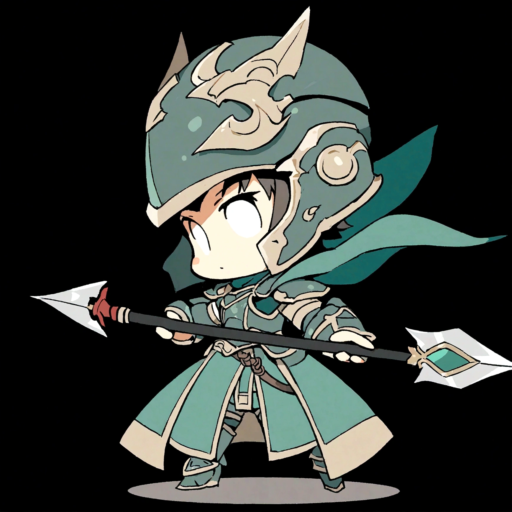 solo, simple background, 1girl, weapon, male focus, chibi, cape, armor, helmet, polearm, black background, spear