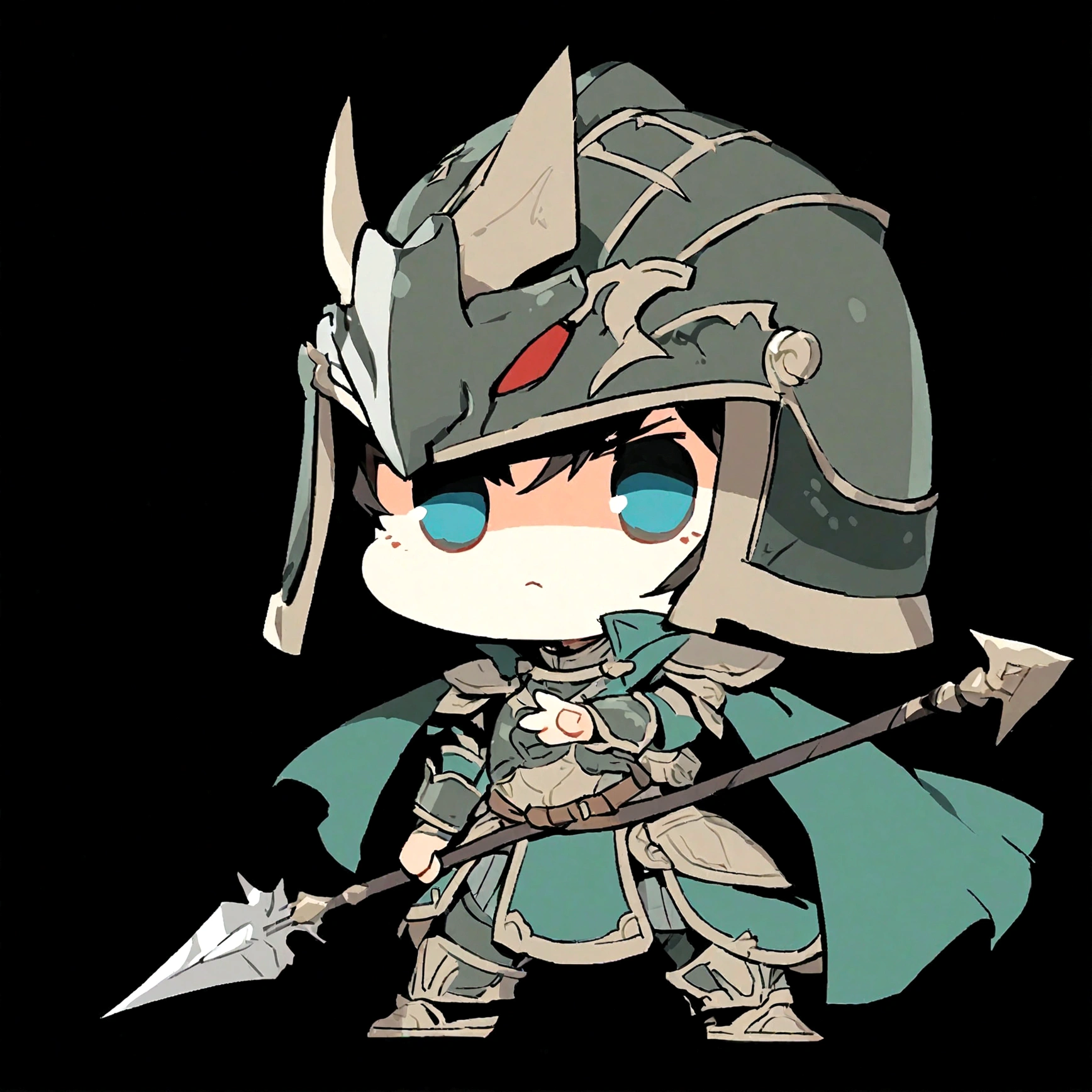 solo, simple background, 1girl, weapon, male focus, chibi, cape, armor, helmet, polearm, black background, spear