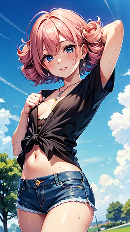 A girl is posing for a photo,pretty girl,Enchanting girl,Anime Girls,
(((One Girl,Baby Face,))),
BREAK
((Mini denim shorts, Black shirt tied under the chest、belly button、Black sneakers))、Earrings、Fancy Necklace、Black nail polish、Cleavage、
BREAK
((Matte pink hair)), ((Short Hair、Curly hair))、
(Drooping eyes,blue eyes),(Small breasts),
BREAK
(Beautiful Hair,Shiny Hair),
(Expression of fine eyes,Beautiful and delicate eyes,Sparkling eyes,Eye Reflexes),
(double eyelid,Long eyelashes),
(Beautiful Nose,Thin Nose),
(Glossy lips,Beautiful Lips,Thick lips),
(Symmetrical facial features,Perfect Face),(((Detailed skin,Oily skin,Textured skin,Beautiful Skin))),
BREAK
(Wicked Smile),
((noon、garden:1.4、squirt、grass)),((Dynamic Pose、Sweat:1.4、Put your hands together above your head:1.4、Face the viewer、head shot)),
BREAK
(((highest quality)),((masterpiece)),((Very detailed))),((High resolution),(8k),(16k,1080p),(Anime 2D Rendering)),(Anatomically correct),
((Realistic)), (The best CG),Highly detailed art,CG illustration,