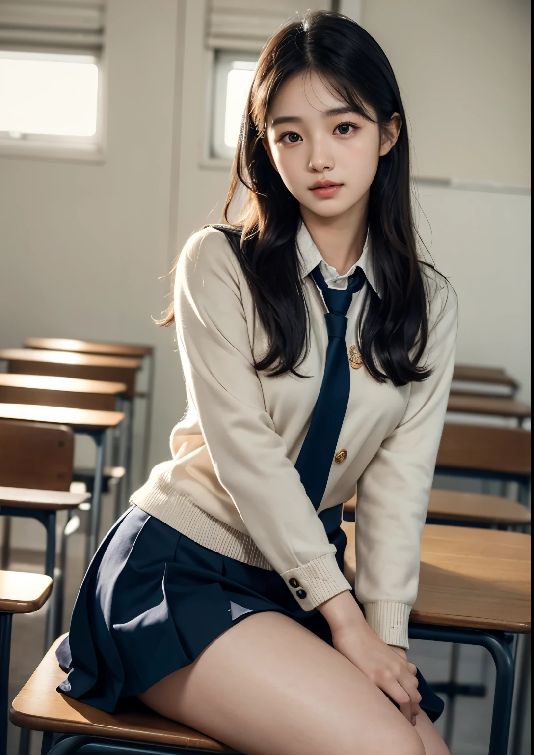 a beautiful cute and sweet 18 year old Korean college student girl in a classroom, sitting with an above knee length uniform, beautiful soft bright thighs, intricate detailed face, beautiful eyes, nose, lips, long eyelashes, elegant posture, ambient lighting, photorealistic, cinematic lighting, highly detailed, 8k, masterpiece