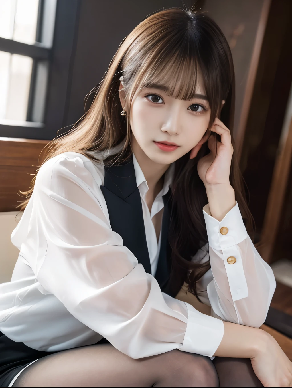Wearing a white open shirt,Woman sitting on chair, Wearing pantyhose, Crossing your legs, lower angle, Elegant legs, She wore a miniskirt secretary-style suit., Japanese Model, born,(8k、highest quality、masterpiece:1.2)、(Intricate details:1.4)、(Photorealistic:1.4)、Octane Rendering、Complex 3D rendering with ultra-detail, Studio Soft Light, Rim Light, Vivid details, Super Detail, Realistic skin texture, Detailed aspect, Beautiful details in the eyes, Highly detailed CG Unity 16k wallpaper, compensate, (Detailed Background:1.2),Glowing Skin、Wavy long hair,Cute face,Age 20,Exposed thighs!!!