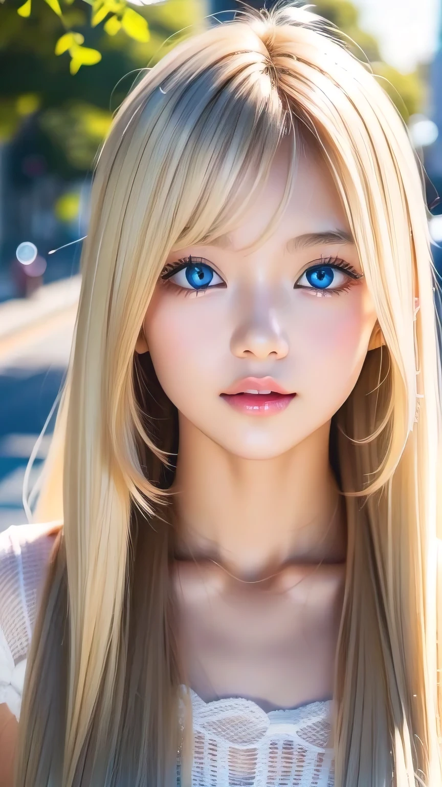 Shiny, clear, white skin、The blonde hair blowing in the wind falls over her pretty face、Colossal、Cute  aged 16、Beautiful super long straight hair that stands out、Very bright, big eyes that shine so beautifully、Cute long silky bangs covering her eyes, Hair that covers the face, super long hair、Sexy cute young woman、Long natural blonde shiny hair、Small Face Beauty、Round face