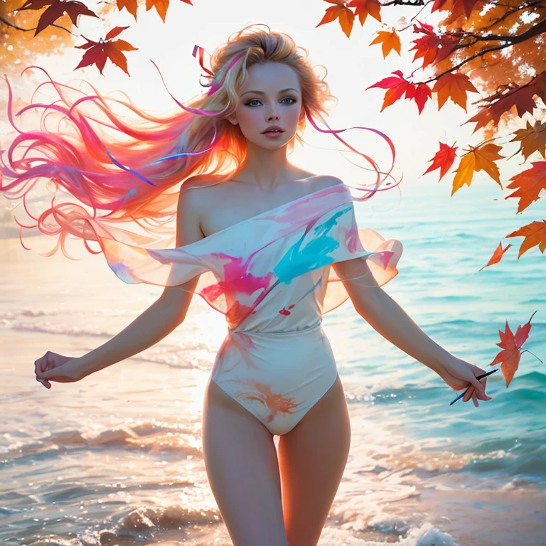 (8k, best quality, masterpiece:1.2),(best quality:1.0), (ultra highres:1.0), pencil colors, Pamela Anderson, shoulder, hair ribbons, by agnes cecile, full body photography, extremely luminous bright design, pastel colors, (ink:1.3), autumn lights,