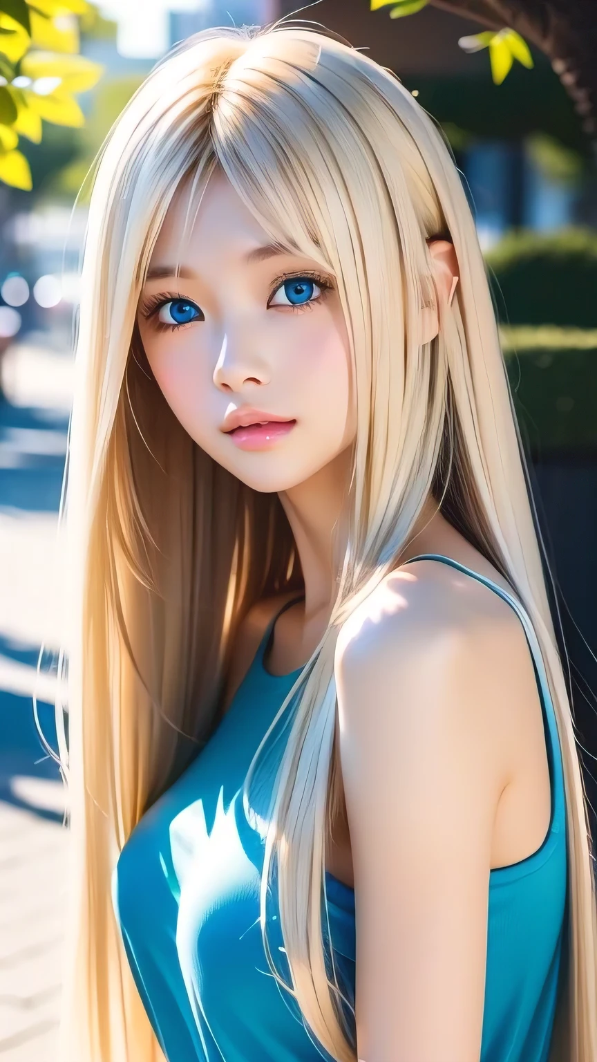 Shiny, clear, white skin、The blonde hair blowing in the wind falls over her pretty face、Colossal、Cute aged 16、Beautiful super long straight hair that stands out、Very bright, big eyes that shine so beautifully、Cute long silky bangs covering her eyes, Hair that covers the face, super long hair、Sexy cute young woman、Long natural blonde shiny hair、Small Face Beauty、Round face