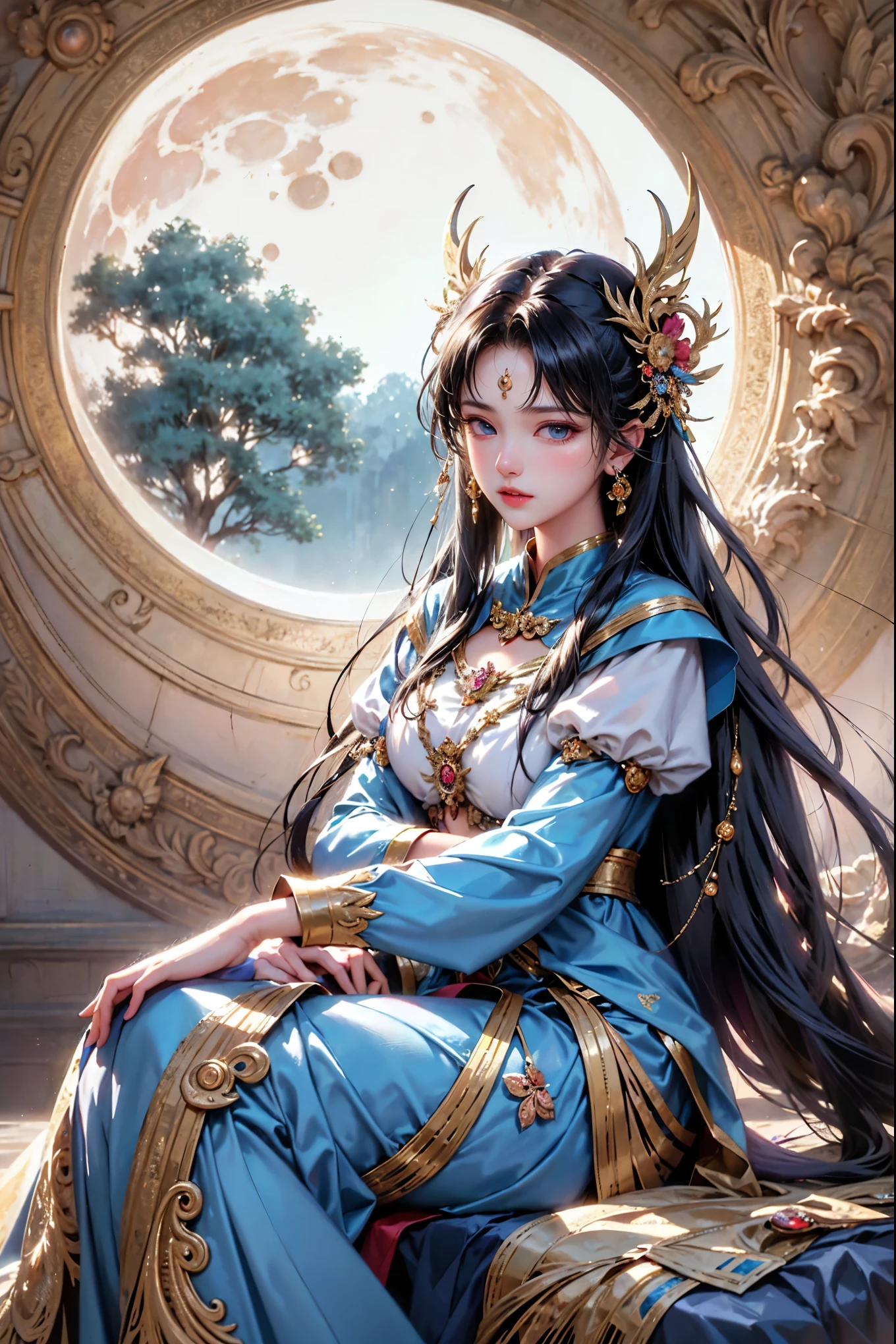 High quality, high resolution, HDR, fantasy world view, perfect and detailed poster. A realistic photo of a beautiful woman captured in detail. She is wearing tiger fur as clothing, a large peacock feather headpiece as a hair ornament, sitting on the trunk of a large tree and looking at the camera. She has deep red lipstick and is very wild. It fully shows the charm of an Amazonian woman, blending with nature and standing out. The background is a night view, and the light of the moon and river in the wilderness of the forest is depicted very fantastically.