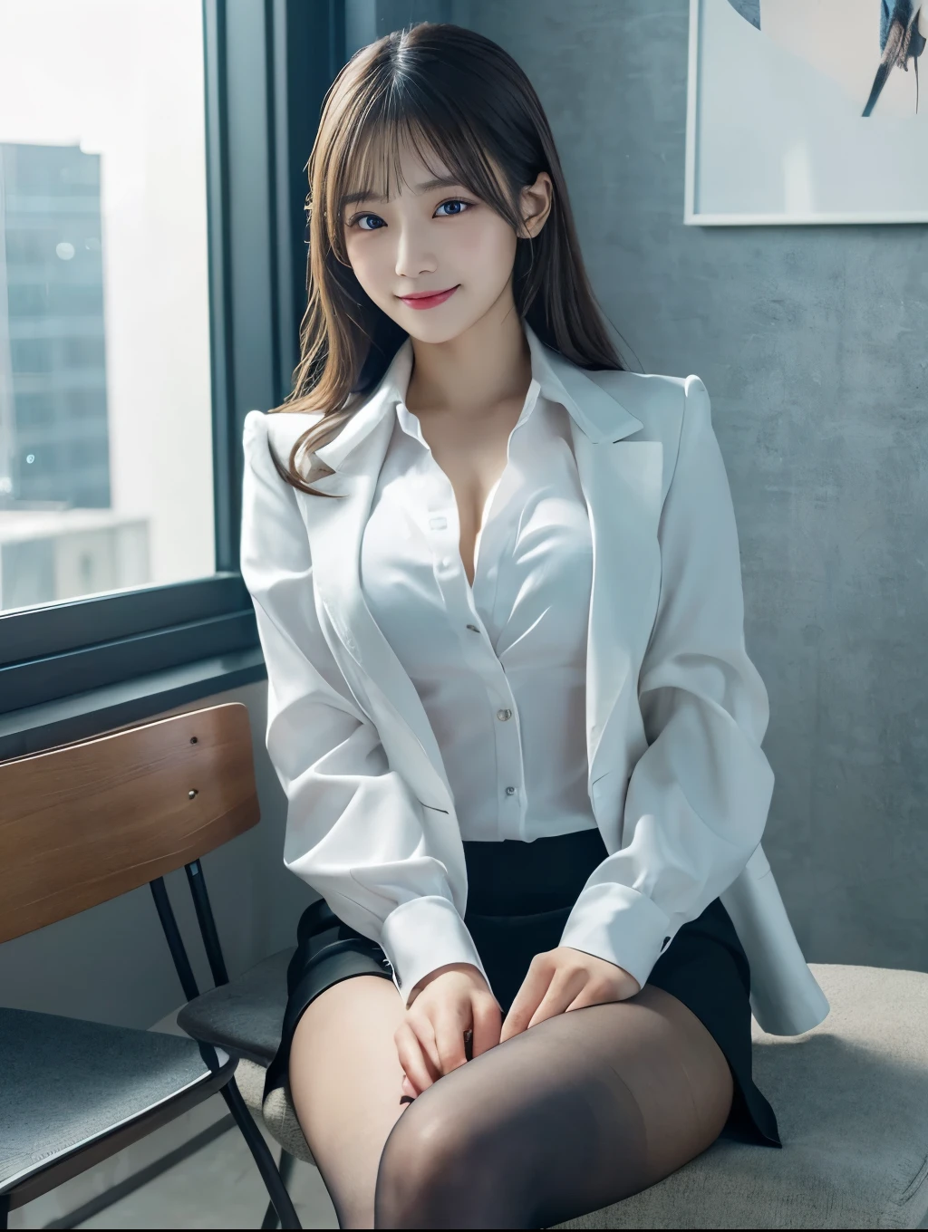 (Masterpiece:1.2), (Best quality), (Full body like:1.3) ,(Ultra detailed), (8K, Intricate), (Lens 135mm,F1.8), (Photorealistic)(Black background:1.3), Portrait photography，(dynamicposes)，Side lighting,Edges are lit,Best shadow,Area light source,Perfect anatomy,Perfect face shape,Perfect for women,First-class female body,Refines skin texture,Fine cloth pattern,Meticulous beauty,Delicate and delicate skin，highlydetailed skin，paleskin，Delicate hair，glistning skin，top Quority， realisticlying， 8K， k hd， 1 rapariga， Female pervert, (Full body like:1.3)， schools，痴女， blazer jacket， 校服，Visible nipple， with no underpants， The skirt is boldly pulled up， （（sit on chair，legs are open））， bend the knees and open the legs， The hairstyle is slightly shorter， Open your legs by grasping your knees with your hands， Buttoned shirt flutters