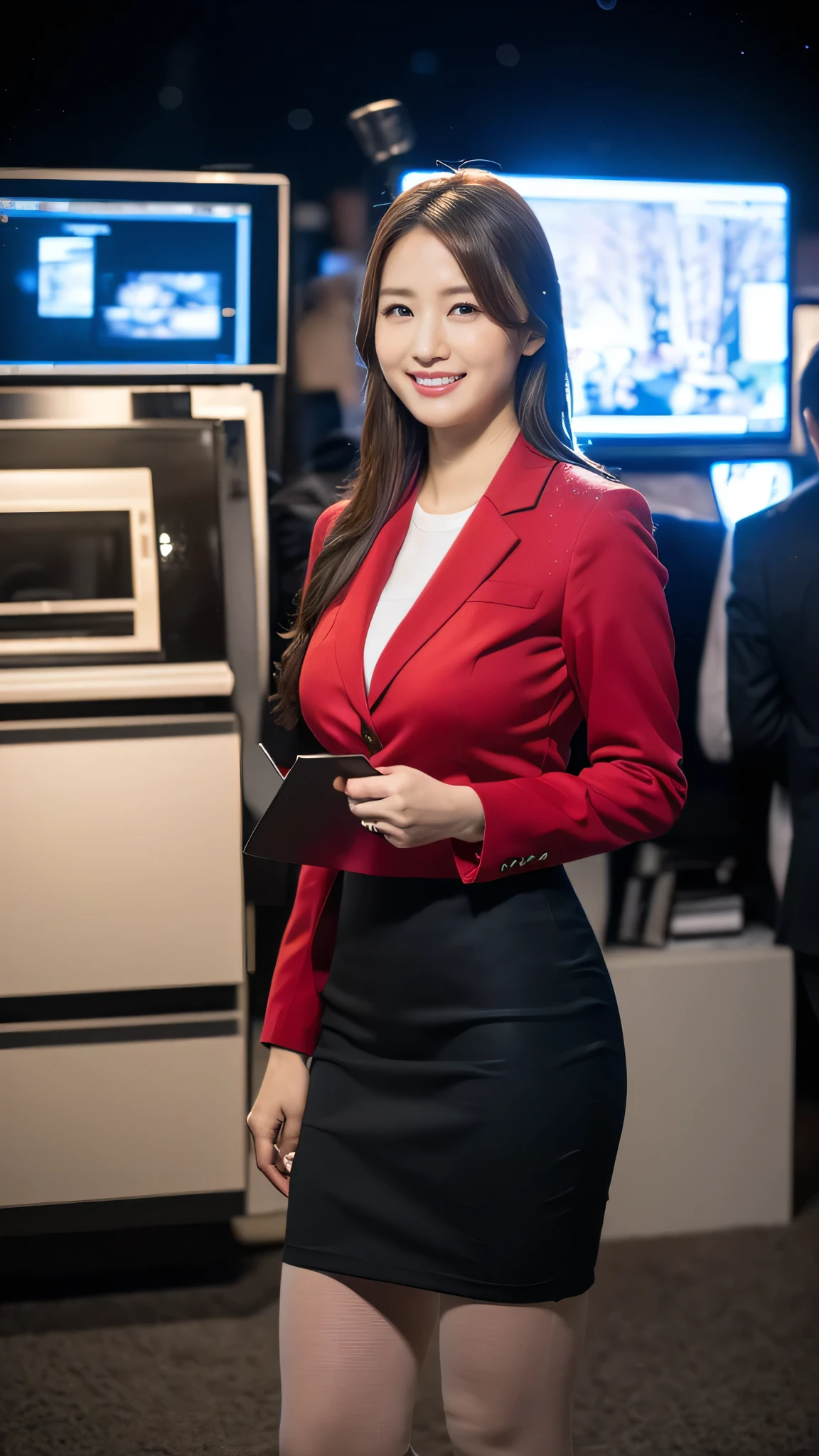 (masutepiece,High quality,16k:1.1),(depth of fields:1.3) ,((front body:1.35)),Japanese ,mature Woman, ((business suit, pencil skirt)), huge breasts, voluptuous, thicc, curvy,(Looking at Viewer:1.3),(full body shot:1.2),(snowing:1.2),(Beautiful night view of town:1.2),tights