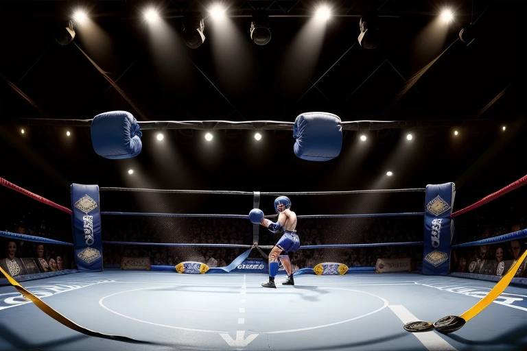 boxe ring with lights and ropes, boxe ring sol blanc coin bleu et sol blanc sol, fond d&#39;  Boardwalk Hall Atlantic City, Ring de boxe avec le sol blanc et les coins bleus, scene background  Boardwalk Hall d'Atlantic City, toile de fond  Boardwalk Hall Atlantic City, écran centrale au dessus du ring comme au  Boardwalk Hall  in a boxe ring,  boxe, boxe match, scene,  projecteur, barre d&#39;background, spot et projecteur au plafond  fond dramatique, atmospheric perspective, full light, 8k, super detail, best quality, masterpiece