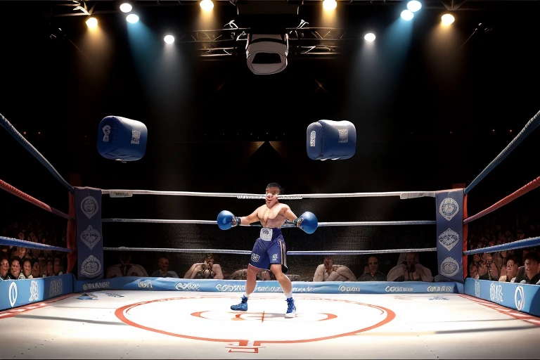 boxe ring with lights and ropes, boxe ring sol blanc coin bleu et sol blanc sol, fond d&#39;  Boardwalk Hall Atlantic City, Ring de boxe avec le sol blanc et les coins bleus, scene background  Boardwalk Hall d'Atlantic City, toile de fond  Boardwalk Hall Atlantic City, écran centrale au dessus du ring comme au  Boardwalk Hall  in a boxe ring,  boxe, boxe match, scene,  projecteur, barre d&#39;background, spot et projecteur au plafond  fond dramatique, atmospheric perspective, full light, 8k, super detail, best quality, masterpiece