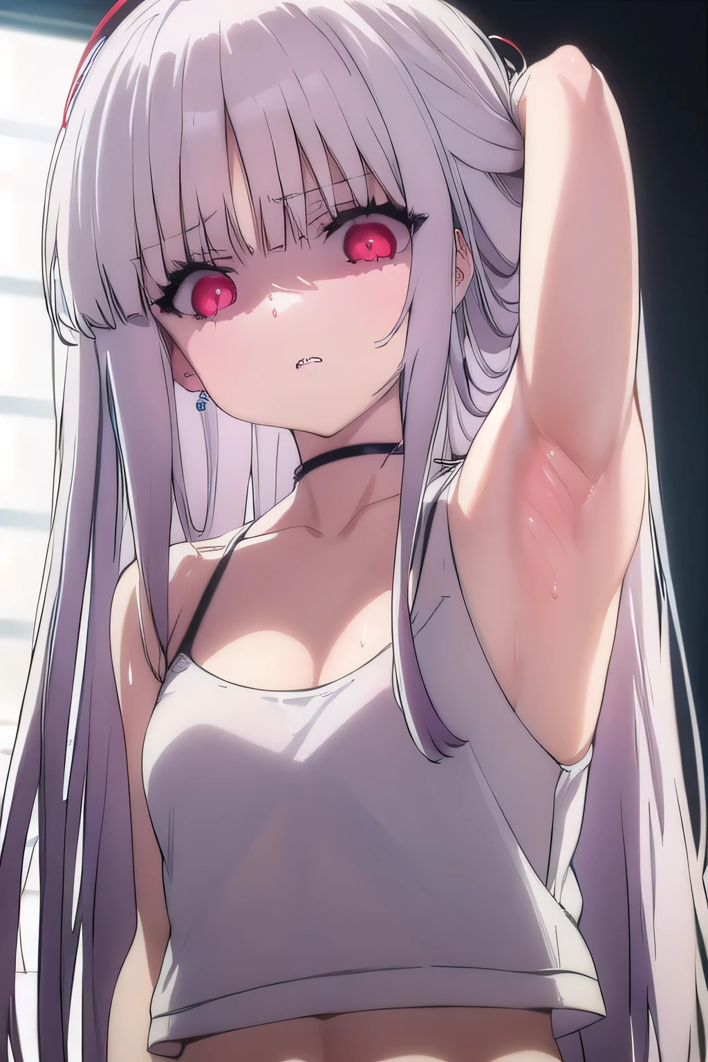 masterpiece, best quality, ultra-high-detailed, Disgusted face, white hair, red eyes, sigtuna julie , small chest , looking to viewer, deep eyes,  glare eyes, croptop, bare shoulder, focus to face, black background, upper body , cleavage, sweated a lot, one arm up,  armpit crease, armpit pits, armpit warm, arm behind head, sweaty armpit 