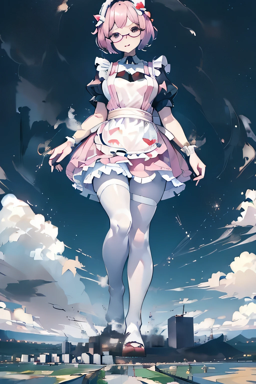 giantess art, highly detailed giantess shots, giantess, Two legs, Five fingers, short hair, A beautiful girl who is bigger than any skyscraper, Wearing rimless glasses, smile, Big Breasts, Maid clothes, Black Pantyhose, black pantyhose, no shoes on, toes visible through pantyhose, Steam coming out from the soles of my feet, Destroying cities, A very small big city, Miniature metropolis, Full body description, GTS, giga giantess, stomping city, crash city, tiny city, micro city, pantyhose feet, High resolution, highest quality, masterpiece, Maid, maid,